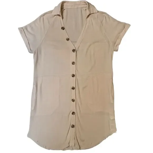 NWT Cupshe Beige Button Down Shirt Dress Cover-Up Size Small - Picture 1 of 6